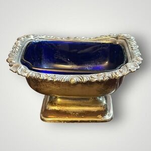 Barker Ellis Vintage Salt Cellar Cobalt‎ Blue Glass Silver Plate Ornate Rim